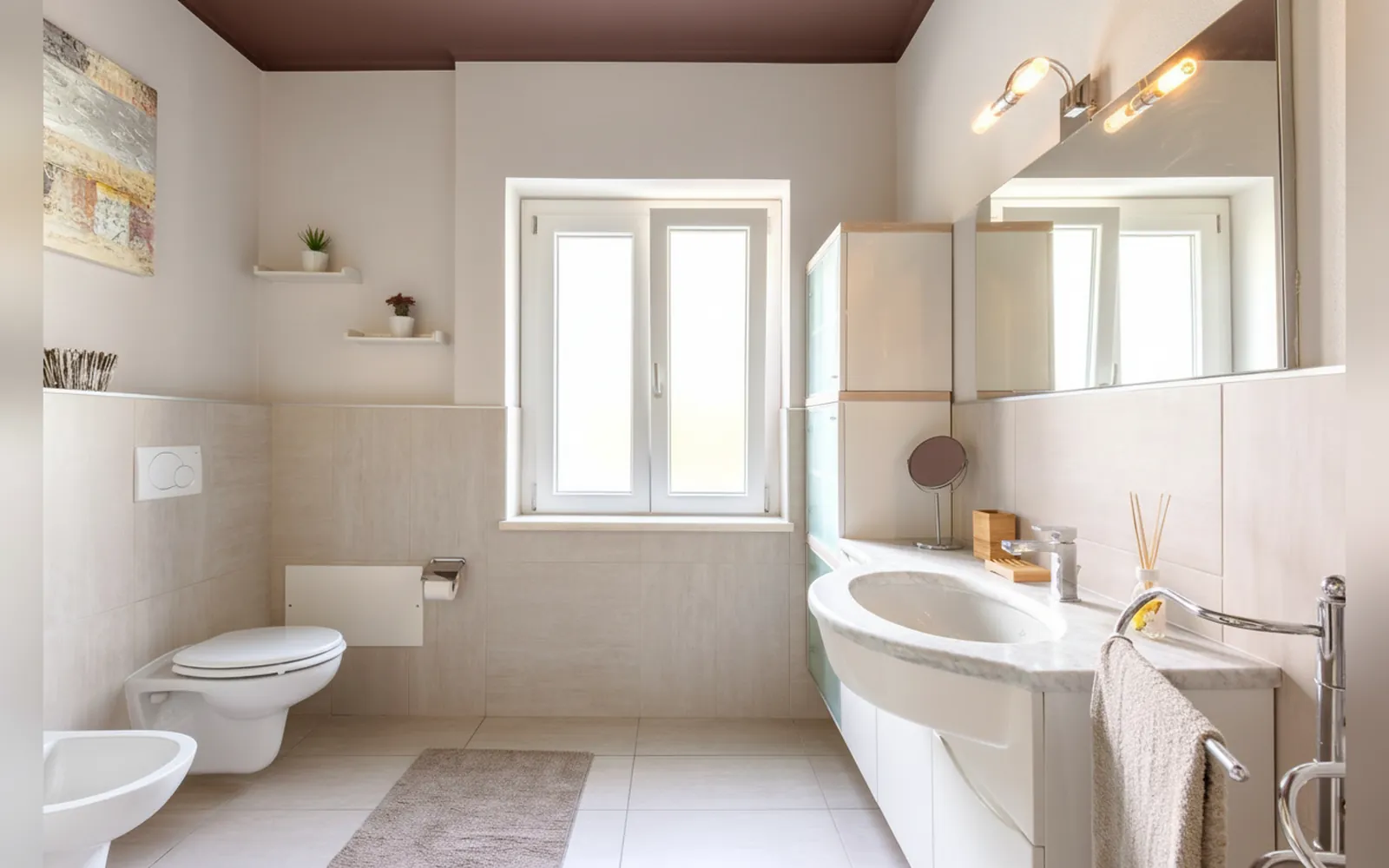 Il bagno luminoso con lavabo e finestra